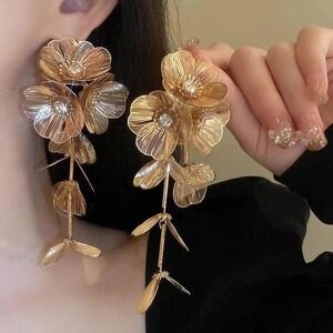 Gold Oversized Statement Floral Earrings Long Dangle Wire Petals‎ Crystal Center